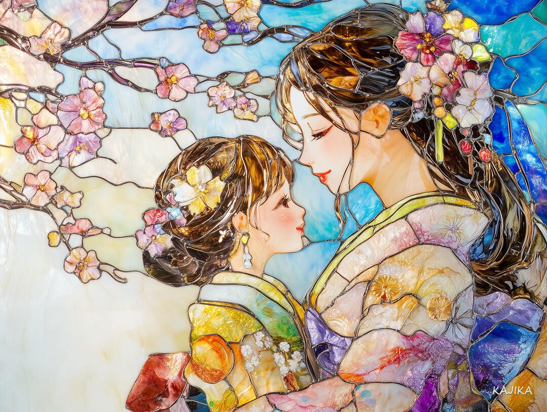 【フリー画像】ステンドグラス風着物女性